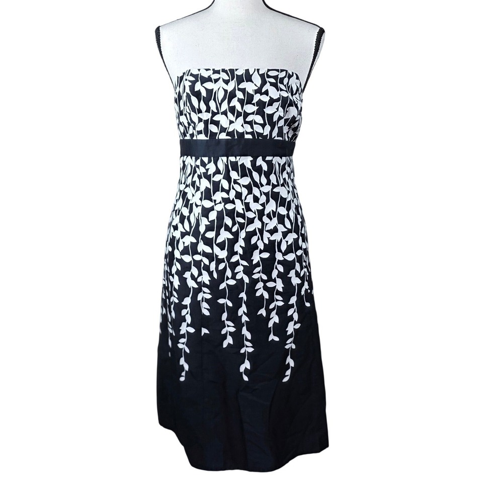 Ann Taylor Loft Strapless Dress Black White Leaf Print Cotton Sz 8 Summer Floral